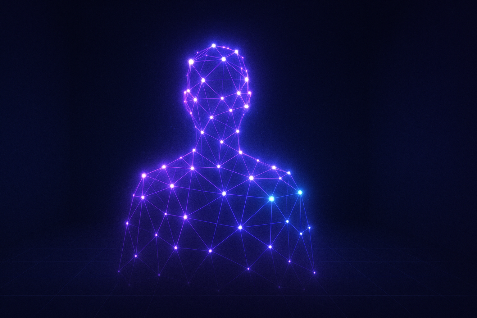 A person being recognized at the door, rendered as a luminous wireframe figure on the WhiteGlove AV sense stage.